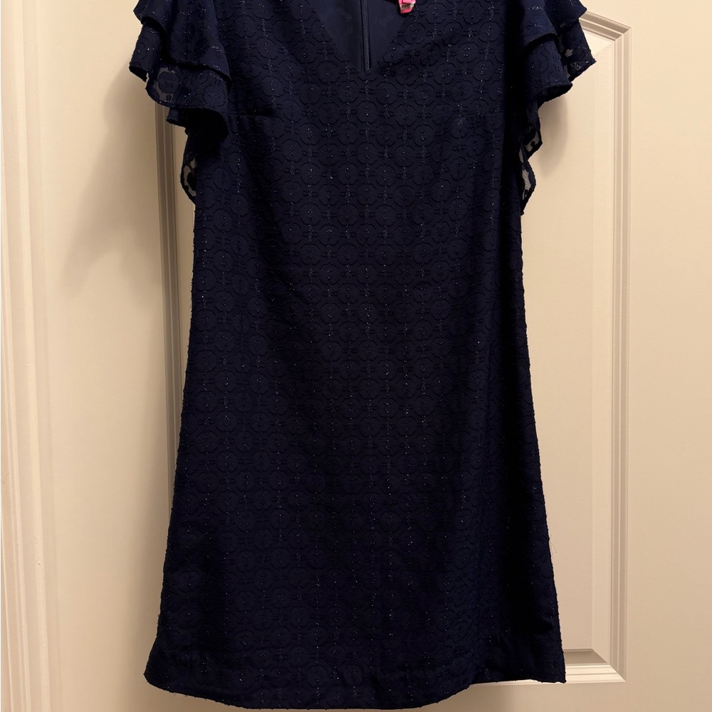 Lilly Pulitzer Kathie Dress Tanzanian Clip Navy Blue Size 4 Metallic Flutter EUC